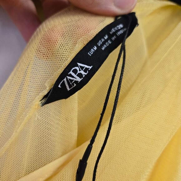 Zara Pastel Butter Yellow V-Neck Tulle Midi Dress Ruffle Ethereal Balletcore - Picture 13 of 16